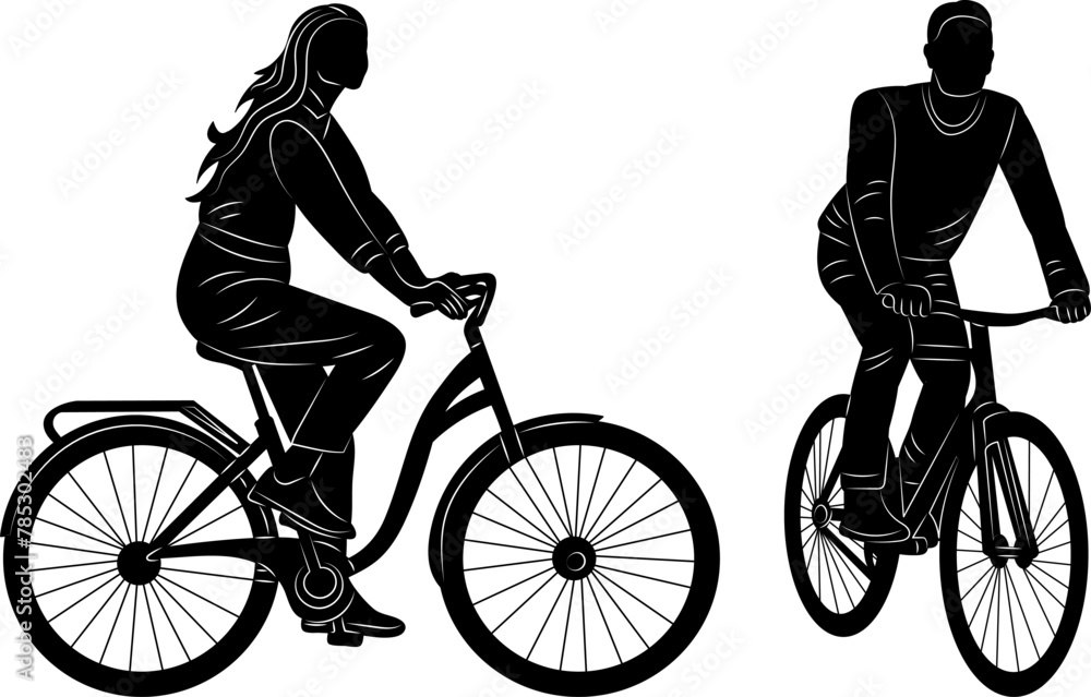 Obraz premium man and woman riding a bicycle silhouette on a white background vector