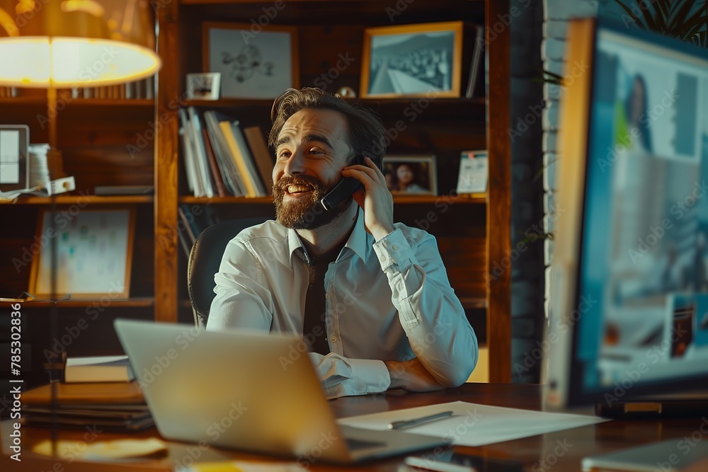In a cinematic frame, a real estate agent sits contentedly in his office, engaged in a cheerful phone call on his mobile device, with his commission fee prominently displayed on the table before him In a cinematic frame, a real estate agent sits contentedly in his office, engaged in a cheerful phone call on his mobile device, with his commission fee prominently displayed on the table before him