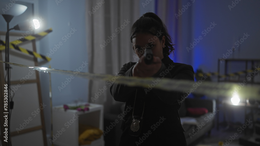 Hispanic woman detective aiming gun indoors at a crime scene with caution tape and police badge. Hispanic woman detective aiming gun indoors at a crime scene with caution tape and police badge.
