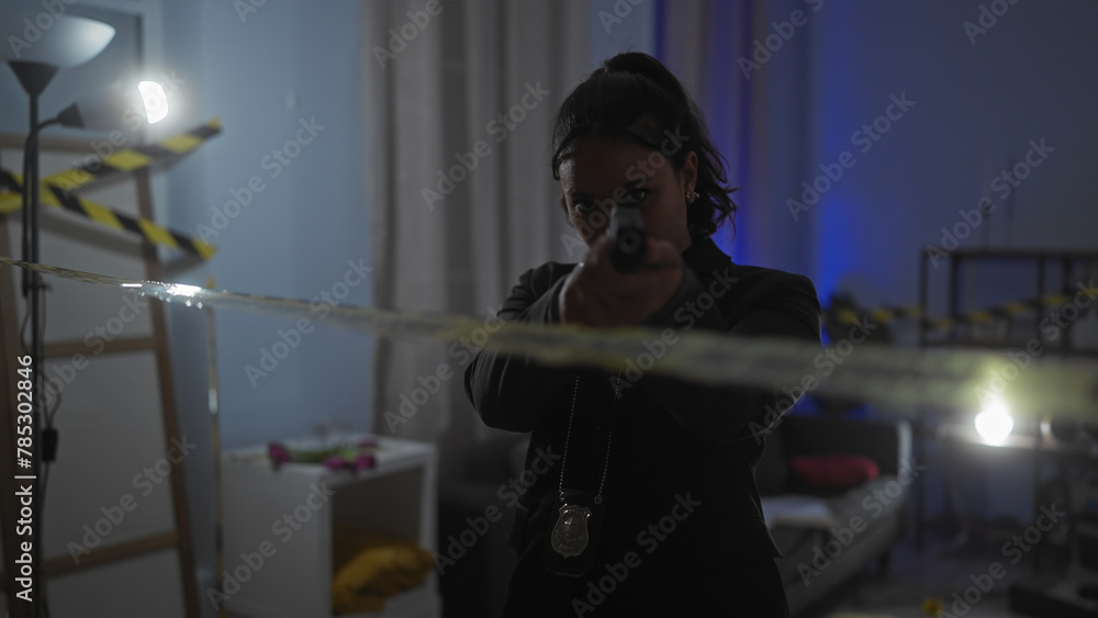 Hispanic woman detective aiming gun indoors at a crime scene with caution tape and police badge.