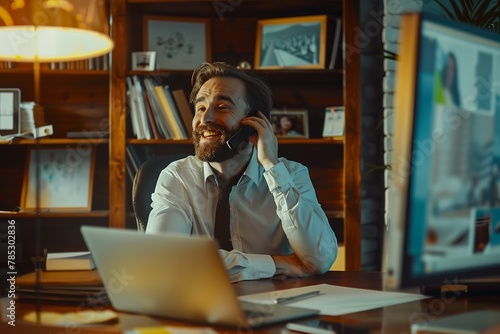 In a cinematic frame, a real estate agent sits contentedly in his office, engaged in a cheerful phone call on his mobile device, with his commission fee prominently displayed on the table before him
