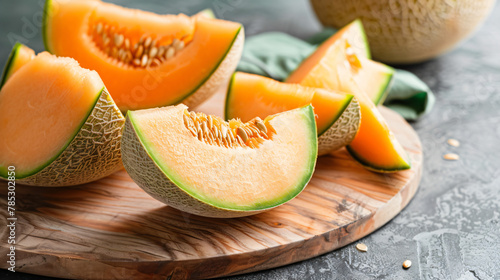 Cantaloupe Pieces and Half Fruit on a Cutting Board