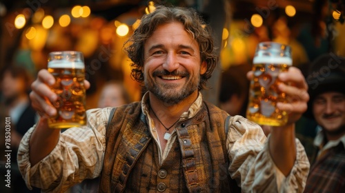 man with beer mug, Oktoberfest in Munich: Cheerful images of beer tents, traditional Bavarian attire, folk music, dancing, and merrymaking during Oktoberfest celebrations in Munich, Germany, showcasin photo