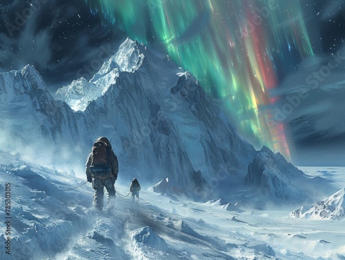 Expedition Under Northern Lights on Snowy Mountain