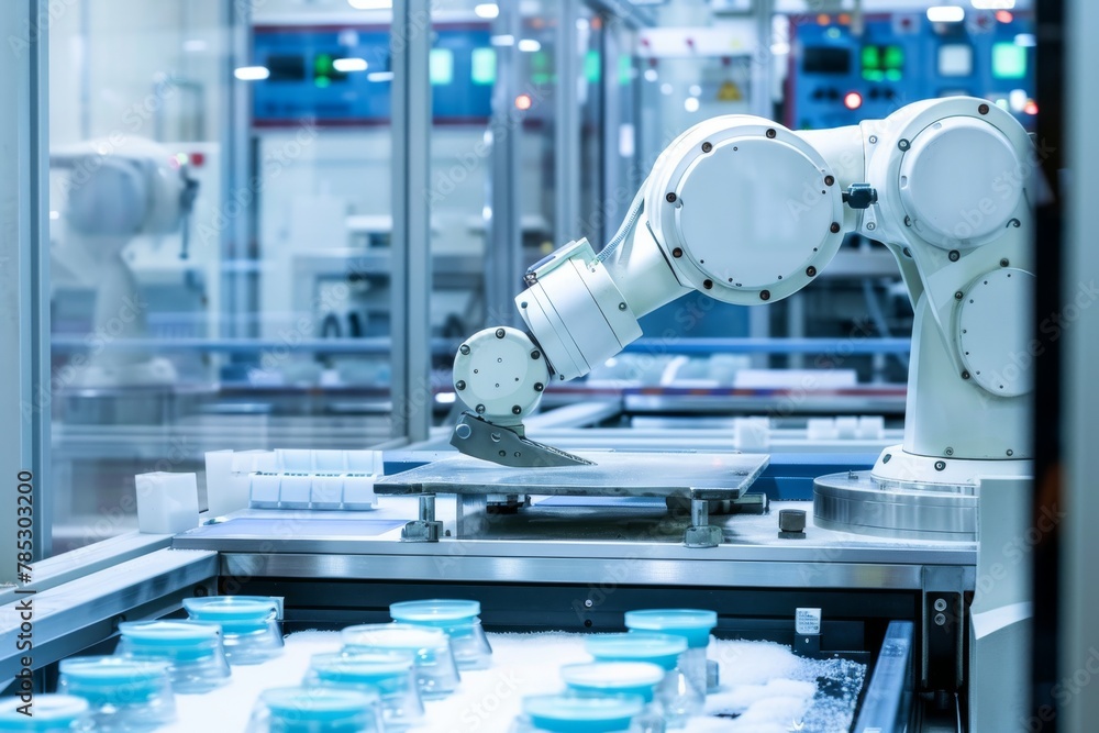 Advanced robotics technology in a modern factory handling products efficiently Advanced robotics technology in a modern factory handling products efficiently