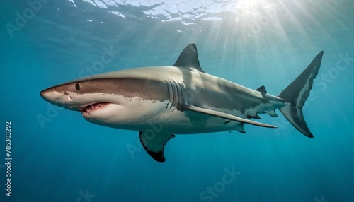 Great white shark attack  under ocean water  sun rays  blue water  underwater scene