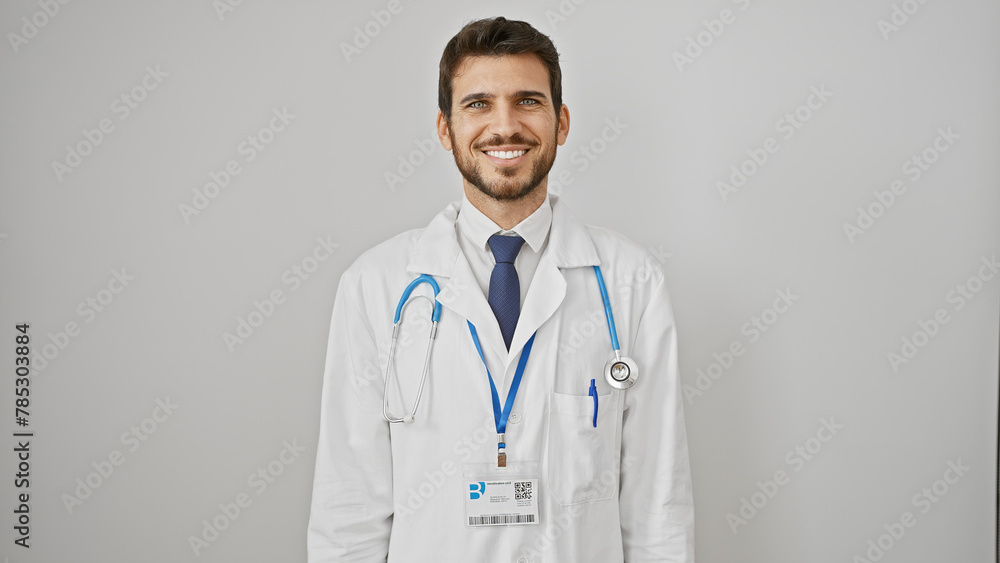 A smiling young hispanic male doctor with a beard, lab coat, and stethoscope standing against a white background. A smiling young hispanic male doctor with a beard, lab coat, and stethoscope standing against a white background.