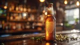 Ice-Cold Craft Beer Bottle on a Rustic Wooden Bar

