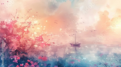 Boat in the Sea  Watercolor Abstract Landscape Background with Floral Trees for Wall Painting