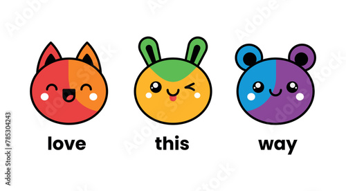 Three cute kawaii characters with colors of rainbow. LGBTQI+ flat vector illustrations for fabric print and other (ID: 785304243)