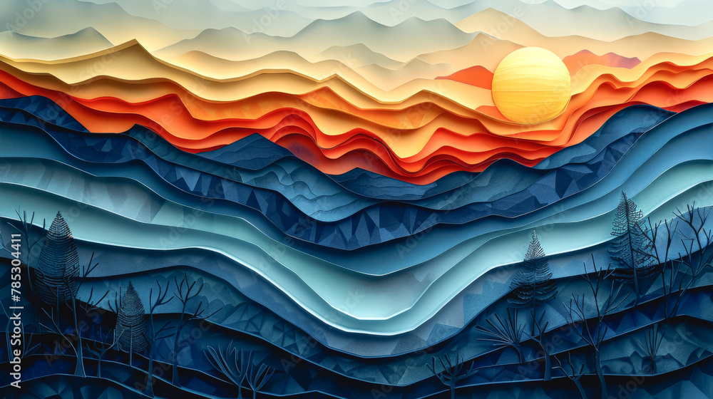 Paper landscape mountains made in realistic paper craft or origami ...