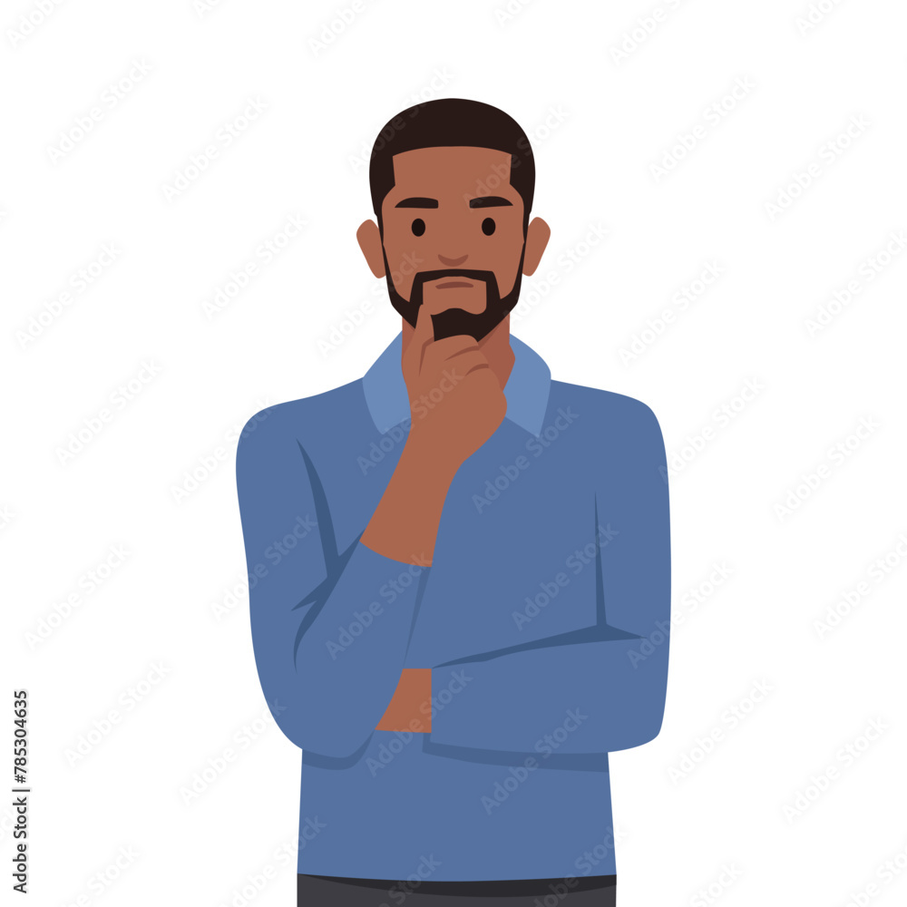 Young black man is thinking. Question mark. Flat vector illustration isolated on white background Young black man is thinking. Question mark. Flat vector illustration isolated on white background