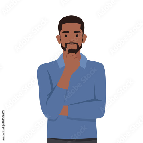 Young black man is thinking. Question mark. Flat vector illustration isolated on white background