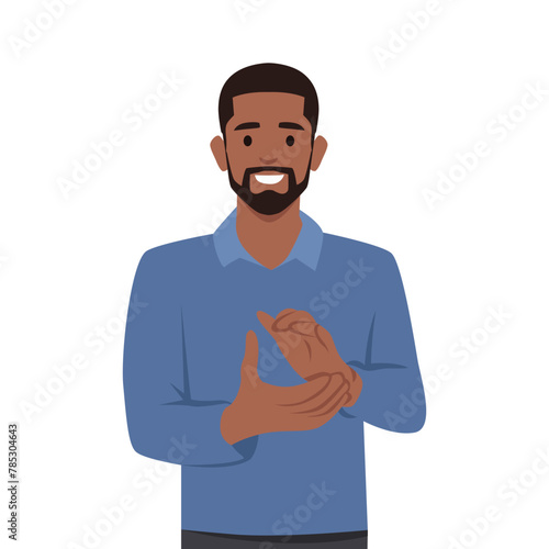 Young black man clapping and applauding happy and joyful concept. Flat vector illustration isolated on white background