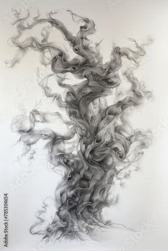 A stylized tree drawn in black pencil on a white background