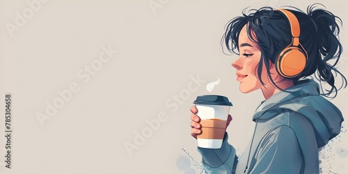 A focused young woman with headphones on sitting in a cozy home studio setting hosting what appears to be a coffee