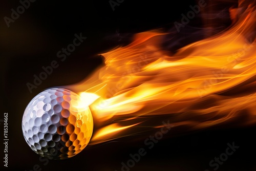 Burning golf ball with bright flame flying on black background
