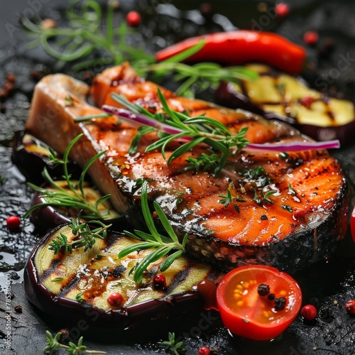 Grilled Salmon Steak, Bbq Red Trout Fish Fillet on Barbeque Eggplant, Zucchini, Pepper and Tomatoes