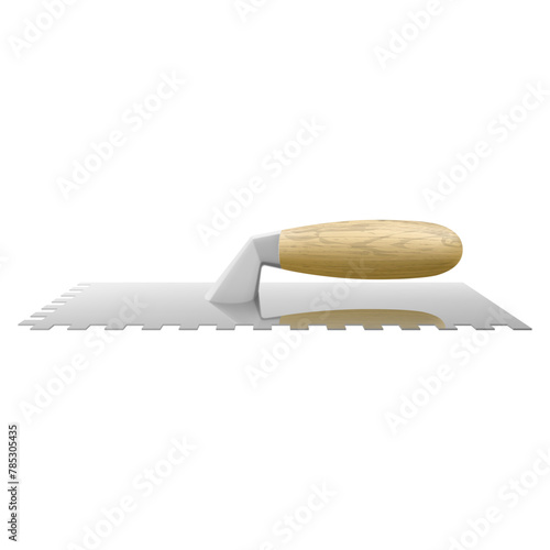 Isometric notched tiling trowel. Four-sided Serrated Spatula. Working tool for repair work. Construction tool. Plastering trowel with wooden handle isolated on white background. Realistic vector 3d