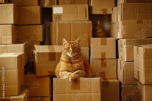 brown cat sitting on empty cardboard box at warehouse photo