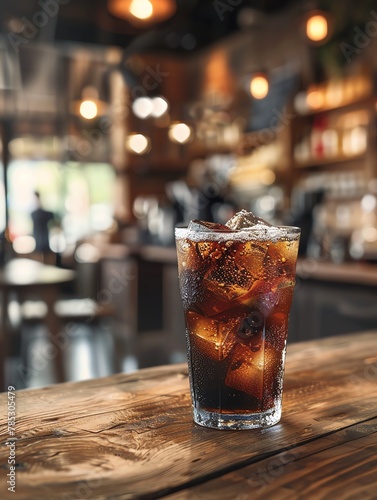 A glass of cola on the bar counter in a cafe