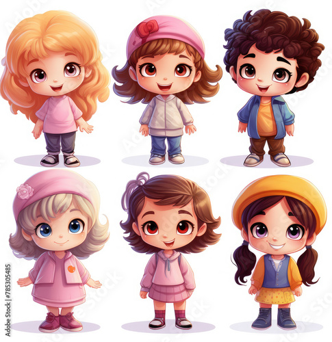 Set of 3d preschoolers children teenagers characters in different poses, clothes, wear. Group of little children on white transparent background. Clip art design. 3d and flat illustration design.  photo