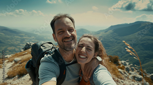 Couple traking montagne selfie