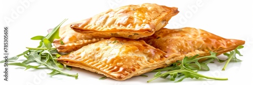 Crispy Burnt Turnovers, Small Pies, Chebureki, Samosa with Spicy Sause, Arugula, Cheese, Greens photo