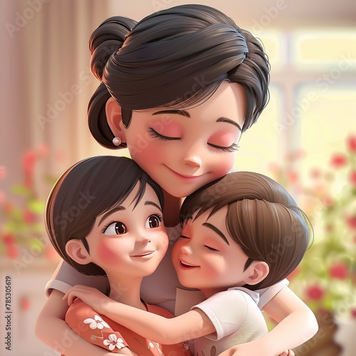 3d cartoon illustration mom hug son and daughter to celebrate mothers day
