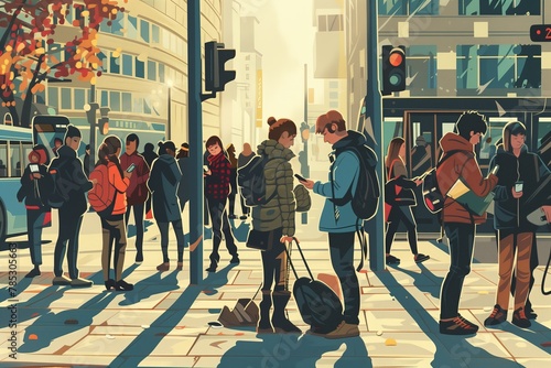 Bustling city street scene with people waiting at a bus stop, some looking at smartphones while others listening to music or talking on cell phones