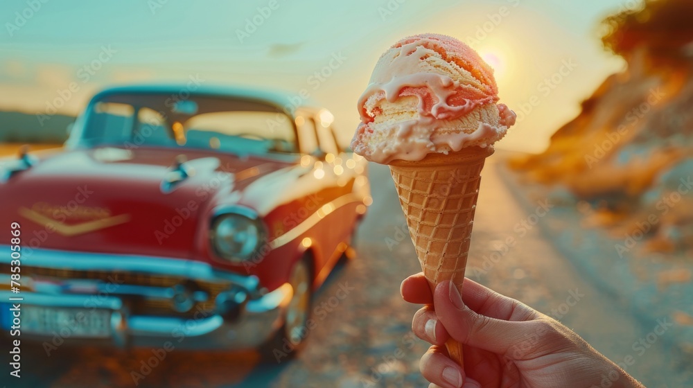 Hand holding a melting vanilla ice cream cone at sunset, with a classic car and a blurred street scene in the background.