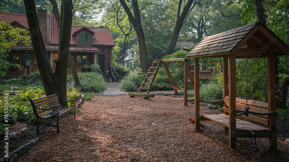 playground with Swing and slide. The garden belongs to a vacation home playground with Swing and slide. The garden belongs to a vacation home
