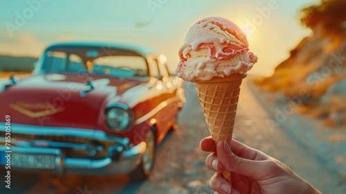 Hand holding a melting vanilla ice cream cone at sunset, with a classic car and a blurred street scene in the background.