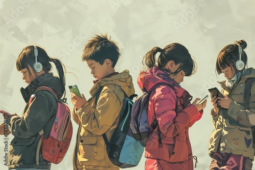 children with backpacks and headphones looking at their phones