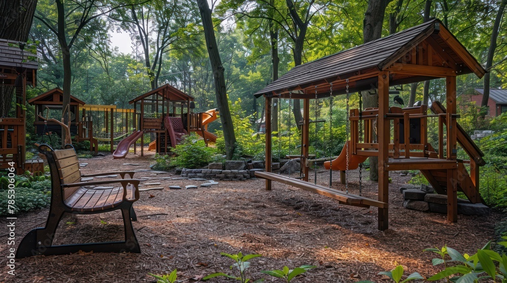 playground with Swing and slide. The garden belongs to a vacation home
