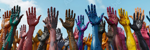 Several hands are painted in different colors  n sky background photo