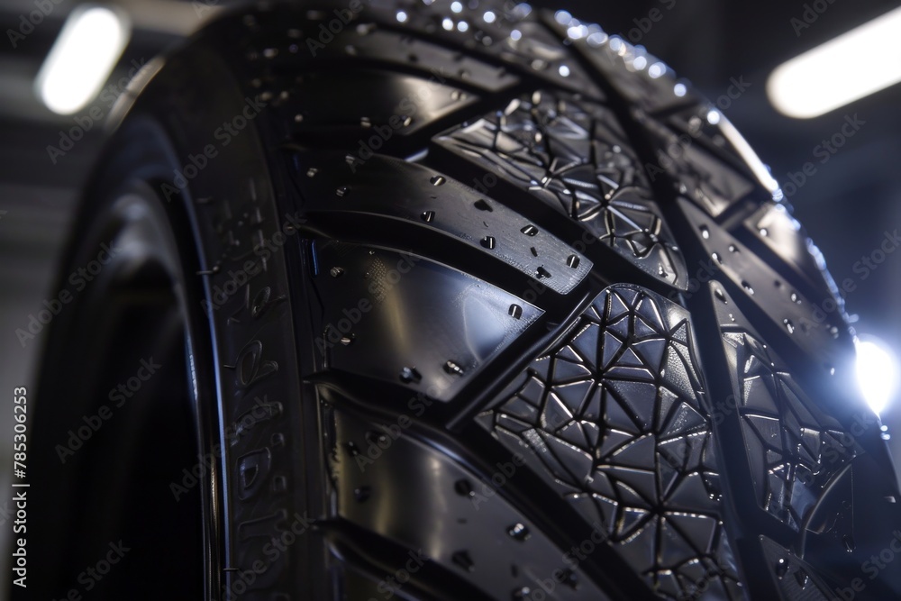Obraz premium Close-up of innovative car tire tread design featuring water dispersal technology