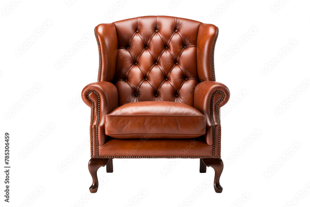Solitude in Leather: A Brown Leather Chair Against a White Canvas. On a White or Clear Surface PNG Transparent Background. Solitude in Leather: A Brown Leather Chair Against a White Canvas. On a White or Clear Surface PNG Transparent Background.