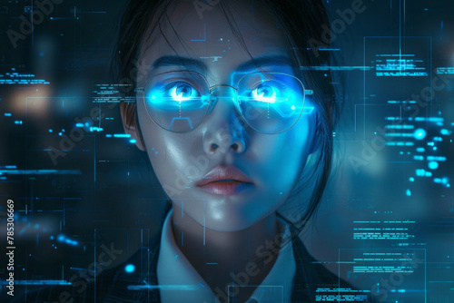 A beautiful businesswoman with glowing blue eyes on a digital background