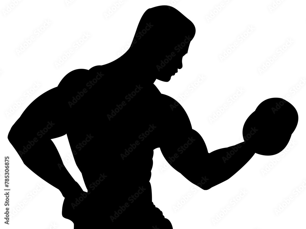 Fitness concept. Power athletic man bodybuilder Silhouette doing exercises with dumbbell. Vector illustration.