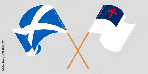 Crossed and waving flags of Scotland and christianity