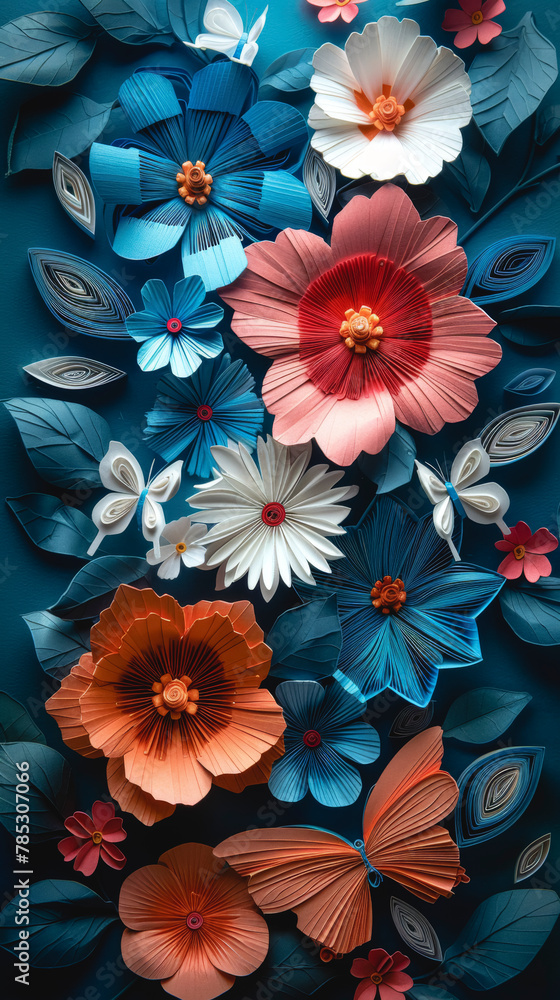 Abstract art background with colorful paper flowers and butterflies.