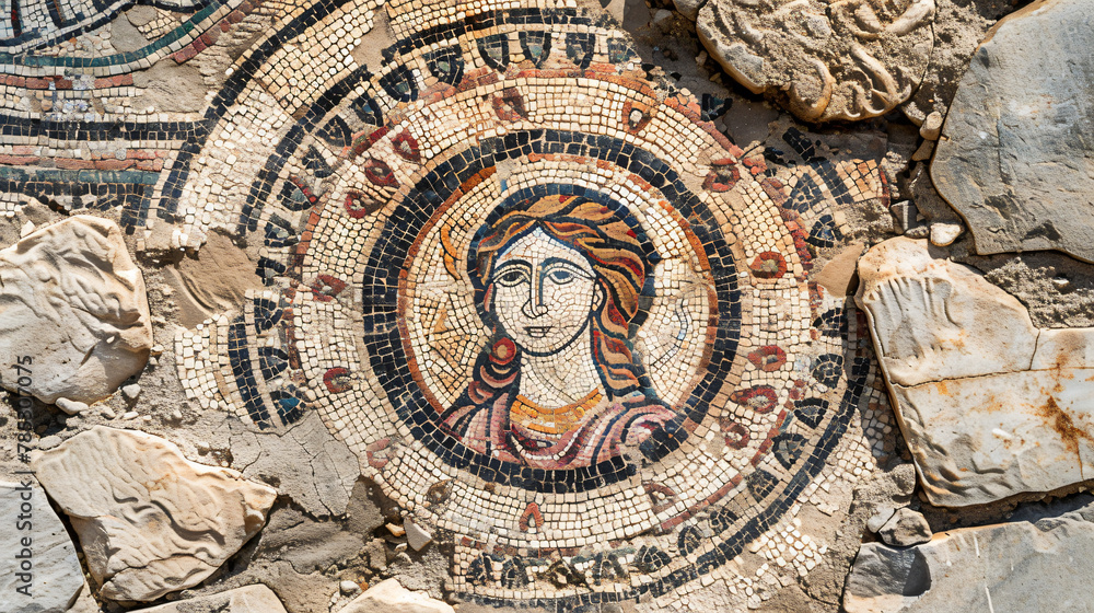 Close up fragment of ancient religious mosaic in Kouri