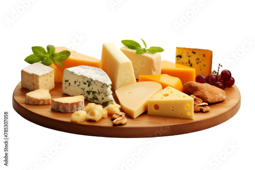 A Symphony of Cheeses on a Wooden Canvas. On a White or Clear Surface PNG Transparent Background.