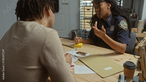 A policewoman interrogates a man with american passports and money on the table in a police station office. photo