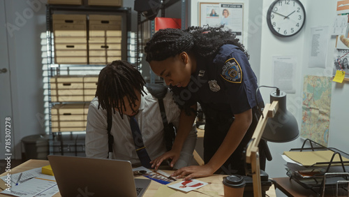 Obraz na plátně A policewoman and a man investigate a case with evidence on a desk inside a police station