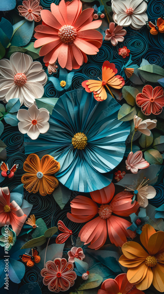 Abstract art background with colorful paper flowers and butterflies. Abstract art background with colorful paper flowers and butterflies.