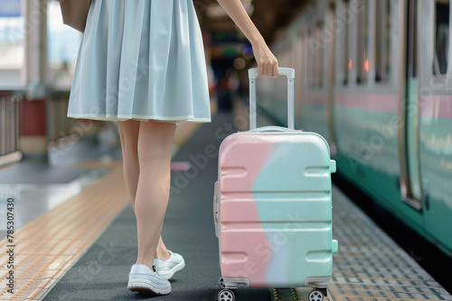 Close-Up of a Woman's Hand Pulling a Pastel-Colored Suitcase on a Train Platform—Capturing the Elegant Onset of Travel