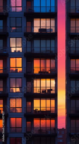 Windows of a building in sunset.
