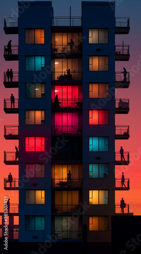 Windows of a building in sunset.